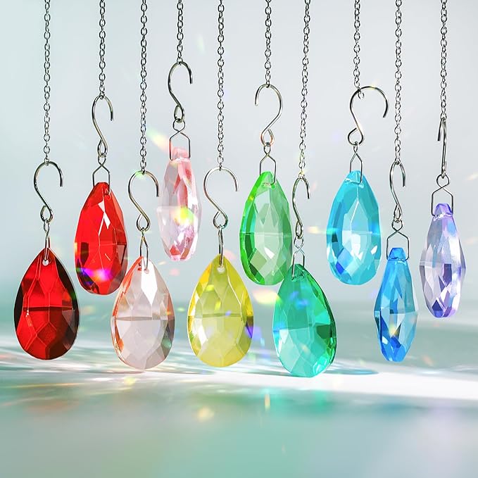 38mm Crystal Suncatcher Prism, 10pcs Multicolor Teardrop Crystals Chandeliers Replacement Pendants Christmas Crystal Ornaments Tree Decorations Birthday Wedding Party Home Decor Gifts (Colour)