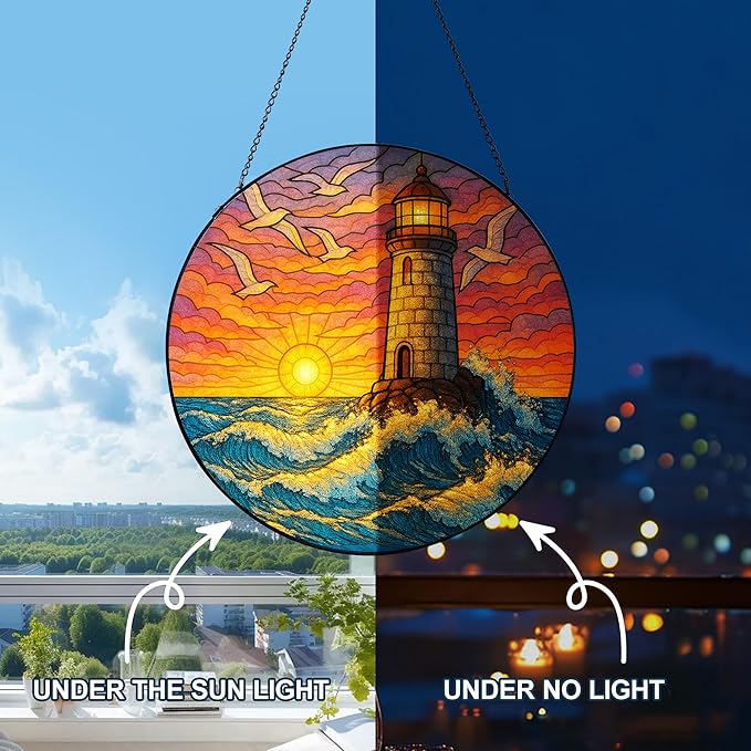 Stained Glass Window Hanging,Lighthouse Sun Catchers Stained Glass Panels for Indoor Windows Wall Art Decor, Memorial Gift for Mom Women Wife Men Lovers (7.87inch)