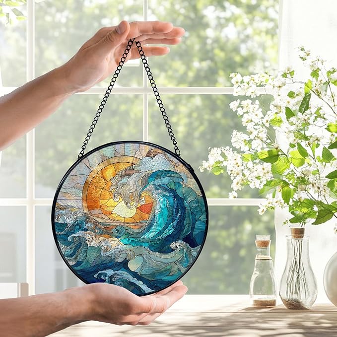 Coastal Ocean Waves Suncatchers Stained Glass Window Hanging, Ocean Beach Sun Catchers Indoor Window Glass Round Wall Decor, 7.9x7.9in