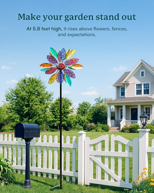 Solar Garden Wind Spinners with Light, Metal Yard Wind Spinners with Stake for Outdoor Lawn Decor (20" W x 77" H)