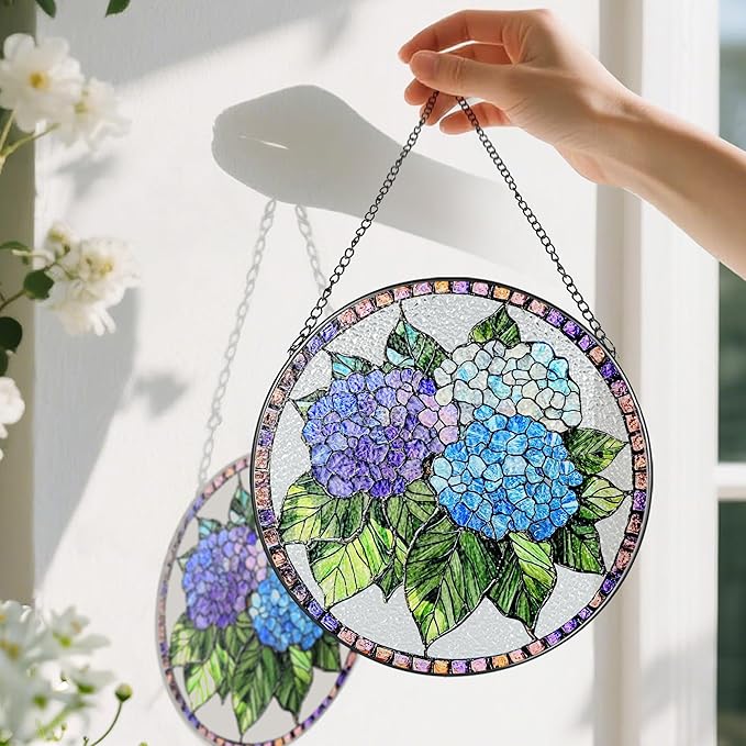 8-Inch Stained Glass Ornament, Stained Glass Window Hanging, Window Hanging Decor Suncatcher, Blue Hydrangea Ornament | Christmas, Mother's Day, Birthday | Gifts for Mom, Garden Gifts for Friends