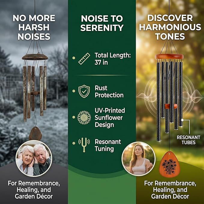 37" Matte Textured Aluminum Wind Chimes for Outdoor Patio & Garden – Large Modern Black Wind Chime with Deep Soft Tone, Thoughtful Home Gift (Black, 37")