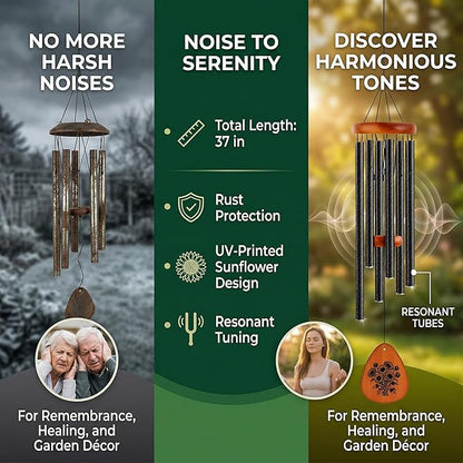 37" Matte Textured Aluminum Wind Chimes for Outdoor Patio & Garden – Large Modern Black Wind Chime with Deep Soft Tone, Thoughtful Home Gift (Black, 37")