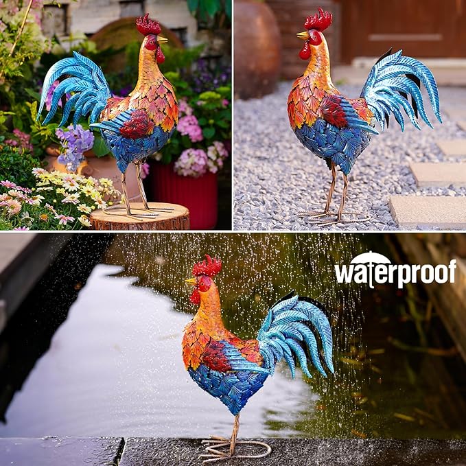 Metal Rooster Statue - Outdoor Garden Porch Patio Farm Backyard Decor - 21 Inch Metal Home Furnishing Artwork - Unique Gifts for Mom Women