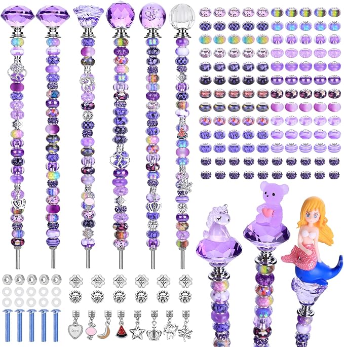 AIPRIDY 158 Pcs DIY Fairy Wand Garden Stakes Kit,Multiple Color Scheme European Beads Crystal Diamond Tops and 12 or 10 Inch Threaded Rods,Stainless Steel Stakes with Diamond Toppe(Purple)