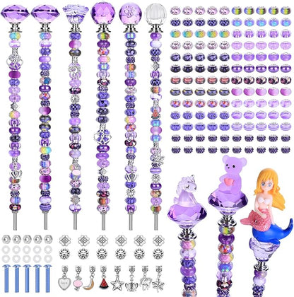 AIPRIDY 158 Pcs DIY Fairy Wand Garden Stakes Kit,Multiple Color Scheme European Beads Crystal Diamond Tops and 12 or 10 Inch Threaded Rods,Stainless Steel Stakes with Diamond Toppe(Purple)