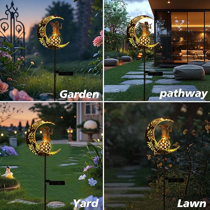 ZKLiLi Garden Solar Lights Pathway Stake Lights Moon Fairy with Angel Decor, Gardening Birthday Gift for Mom Grandma Friends, Outdoor Decor Light Waterproof for Walkway, Yard, Patio