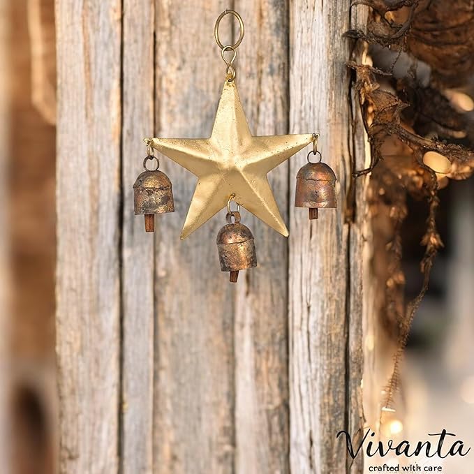 Wind Chime for Outside with 3 Rustic Cow Bells – Gold Metal Hanging Jingle Bell Chime for Yard, Garden, Wall, Outdoor Indoor Home Decor, Christmas Ornament, Boho Farmhouse Decor (Star 7x5)