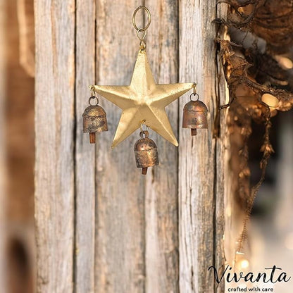 Wind Chime for Outside with 3 Rustic Cow Bells – Gold Metal Hanging Jingle Bell Chime for Yard, Garden, Wall, Outdoor Indoor Home Decor, Christmas Ornament, Boho Farmhouse Decor (Star 7x5)