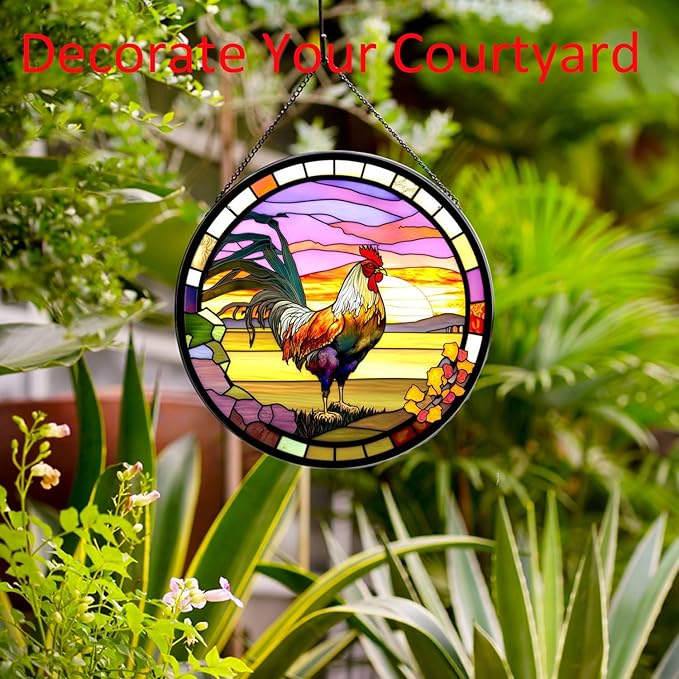 Rooster Hanging Stained Glass Sun Catcher,20cm/7.87inch Hand-Painted Sun Catcher Garden Hangings Christmas Mother's Day, Valentine's Day Ornaments Festival Gift