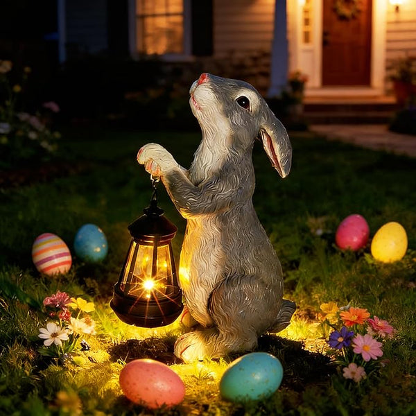 11.8 Inch Bunny Solar Garden Statue, Easter Rabbit Figurine with Glowing Lantern, Handcrafted Resin Outdoor Decor for Patio, Balcony, Yard, Gift for Women, Housewarming, Birthday, Easter Party Decor