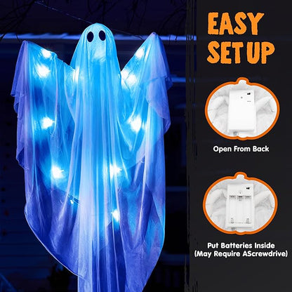 JOYIN 2 Pcs 47” Halloween Light up Hanging Ghost Decoration Outdoor, Halloween Hanging Ghosts Decoration with Blue LED Light for Front Yard Patio Lawn Garden Party Decor Indoor Outdoor