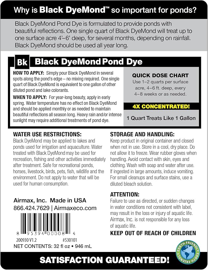 Airmax Black DyeMond Pond Dye 4X Concentrate for Outdoor Ponds & Lakes, Natural Pond Color& Beauty Enhancer, Swimming Safe Water Colorant, Easy Liquid Application, 1 Quart