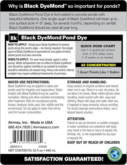 Airmax Black DyeMond Pond Dye 4X Concentrate for Outdoor Ponds & Lakes, Natural Pond Color& Beauty Enhancer, Swimming Safe Water Colorant, Easy Liquid Application, 1 Quart