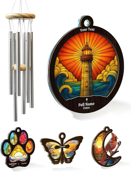 Personalized Sympathy Suncatcher Wind Chimes for Loss of Loved One, 17 Inches, Lighthouse - Add Custom Text - Metal Tubes and Suncatcher