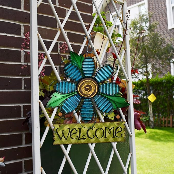 Hanging Welcome Sign Metal Flower Signs Wreath Decor Decorative Door Hanger Indoor Outdoor Spring Decoration for Porch Wall Front Door (Set)