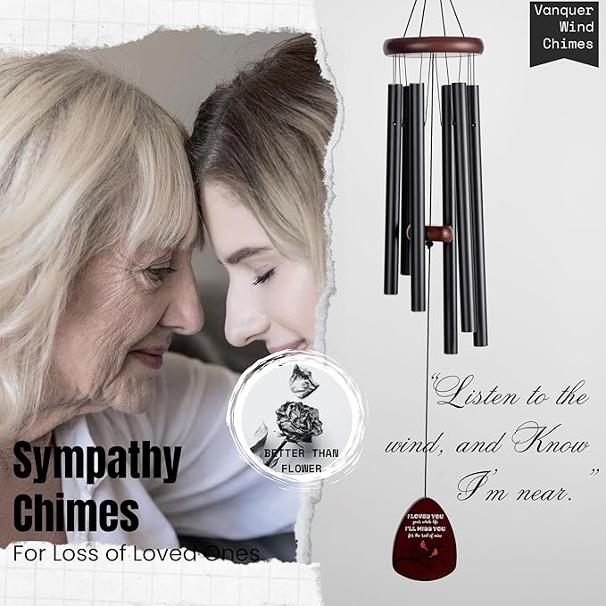 Memorial Wind Chimes for Loss of Loved One, Windchimes in Memory of a Loved One, Sympathy Gift Baskets, Bereavement Condolence Gifts, Memorial Gifts for Loss of Mom, 32" Sympathy Cardinal, Black