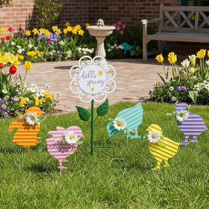 6PCS Spring Chick Metal Yard Decorations Stakes, Grandmas Garden Easter Holiday Yard Decoration Outdoor Stakes, Memorial Personalized Unique Garden Gifts Women for Grandma Statue