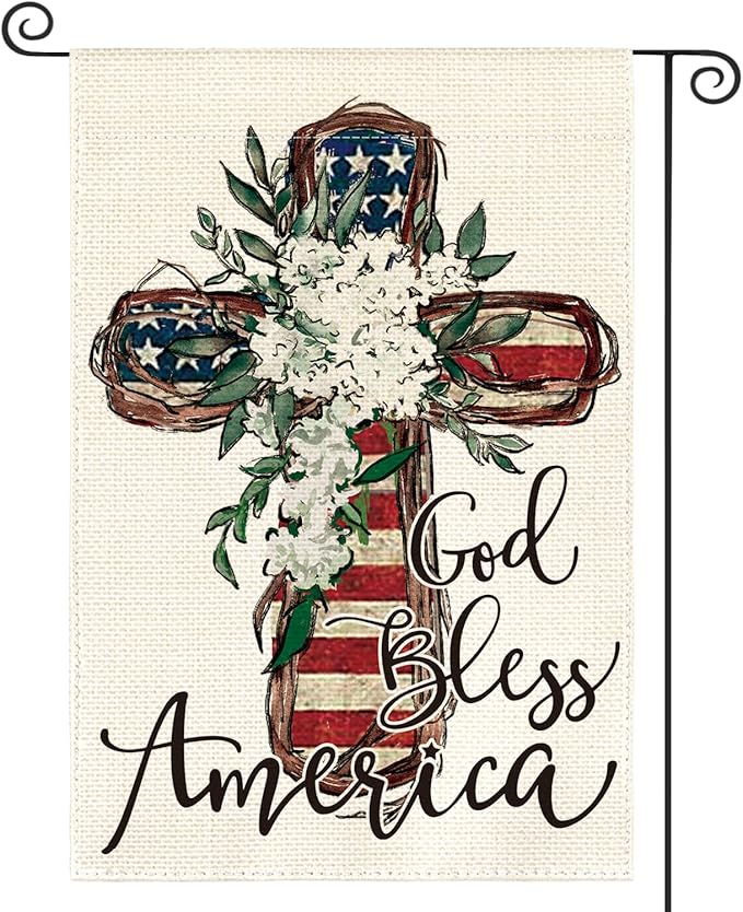 AVOIN colorlife God Bless America Stars and Stripes Garden Flag 12x18 Inch Double Sided, Memorial Day 4th of July Patriotic Lily Cross Yard Outdoor Decoration