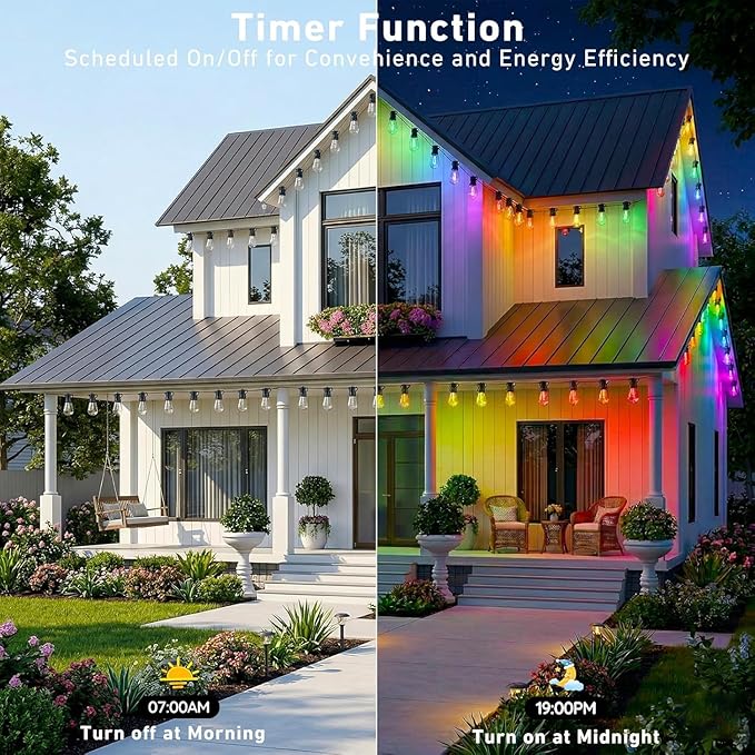 Outdoor String Lights,200FT Smart RGB+IC Patio Lights with Shatterproof LED Bulbs ,Outside Light Dimmable Patio for Decor DIY IP67 Waterproof ,Courtyard, garden,Holiday,LED lights more Scene Modes