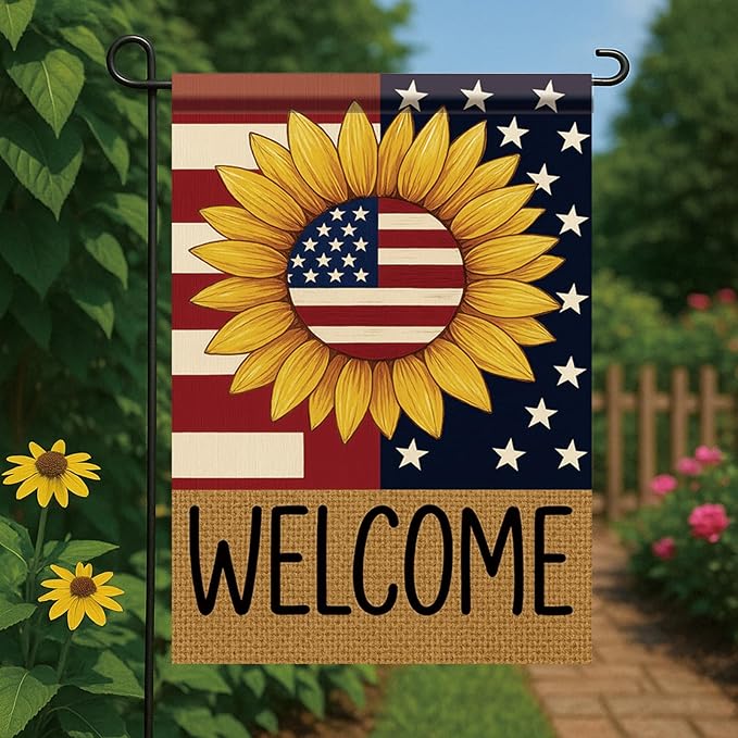 Spring Summer Garden Flag 12x18 Inch Patriotic Sunflower Welcome American Outdoor Stars Stripes Rustic Burlap Style Outdoor Yard Porch Lawn for Seasonal Americana Home Decor