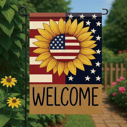 Spring Summer Garden Flag 12x18 Inch Patriotic Sunflower Welcome American Outdoor Stars Stripes Rustic Burlap Style Outdoor Yard Porch Lawn for Seasonal Americana Home Decor