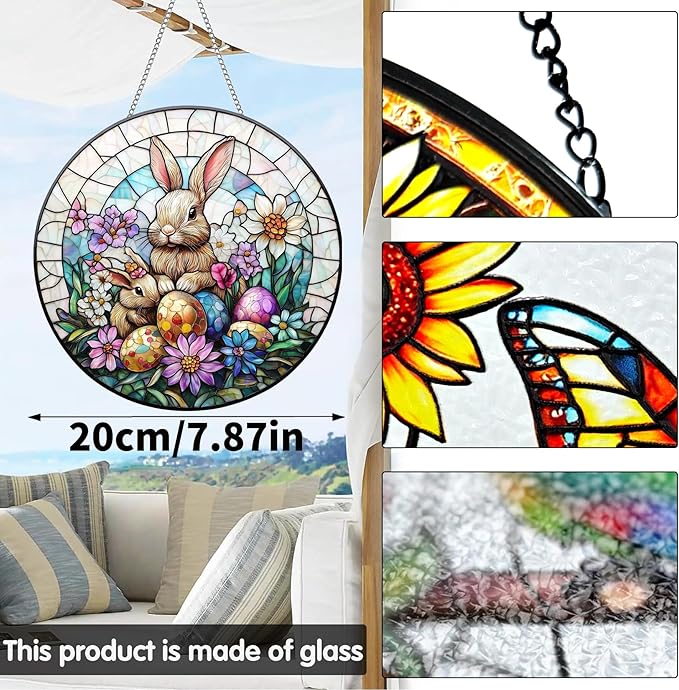 VAIIEYO Rabbit Sun Catcher Stained Glass Window Hanging Ornament, Handmade Sun Catcher Easter Egg Decoration with Hooks for Window Garden Home, Mother's Day & Birthday Housewarming Gift (7.8 inch)