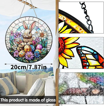 VAIIEYO Rabbit Sun Catcher Stained Glass Window Hanging Ornament, Handmade Sun Catcher Easter Egg Decoration with Hooks for Window Garden Home, Mother's Day & Birthday Housewarming Gift (7.8 inch)