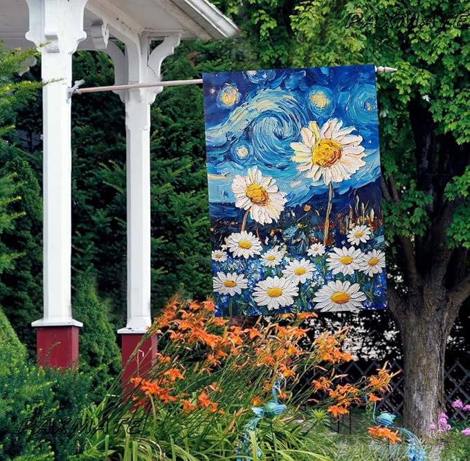 Spring Summer House Flag 28x40 Inch Double Sided Starry Night Daisy Flowers Large Burlap Yard Flag Seasonal Farmhouse Outdoor Outside Decoration