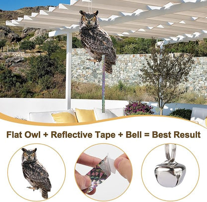 4PCS Fake Owl to Keep Pigeon Away from Balcony Hanging Flat Garden Owls with Reflective Tape Plastic Owl to Scare Squirrel for Outdoor Garden House Window Patio Yard Front Porch Backyard