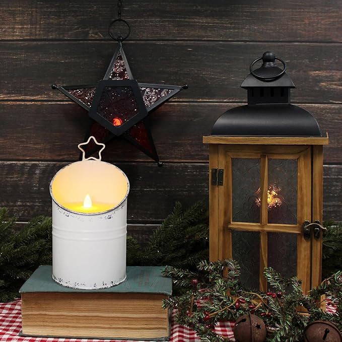 CVHOMEDECO. Vintage Galvanized Can Flameless LED Candle, Real Wax in Antique Galvanized Jar Flickering Candle with Remote Control for Tabletop Wall Decor. H 8 Inch, Cream