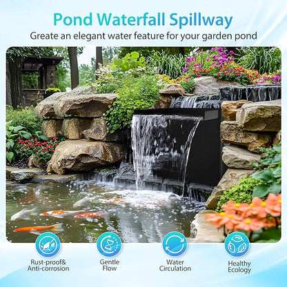 POPOSOAP Pond Waterfall Spillway Kit with LED Lights, 13.4" H x 12" W Stainless Steel Spillway with 660GPH Pond Pump, Filtration, 10FT Corrugated Tubing Waterfall for Water Garden, Backyard, Pool