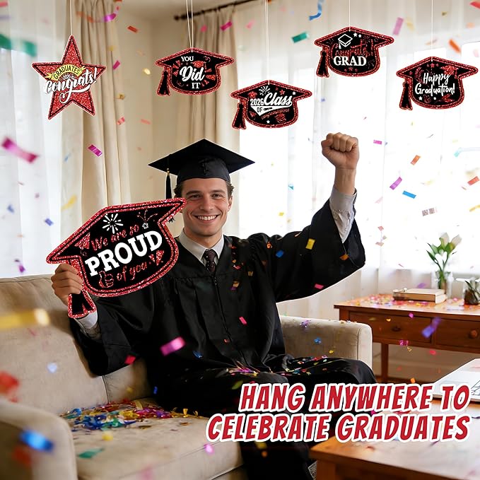 13Pcs Graduation Yard Signs Class of 2026 Large Congrats Grad Sign with Stakes & String Hanging Graduation Decorations for Indoor Outdoor Yard Lawn Porch School (Red)