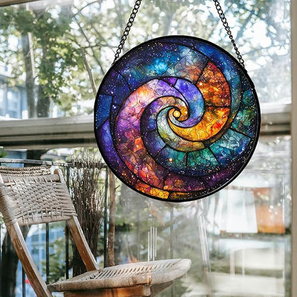 Stained Glass Window Hanging, Blue Orange Starry Sky Sun Catcher for Door Terrace Garden Home Decor, Abstract Universe Suncatcher Birthday Gifts for Lovers Women Men Dad Mom Nana 7.8 in