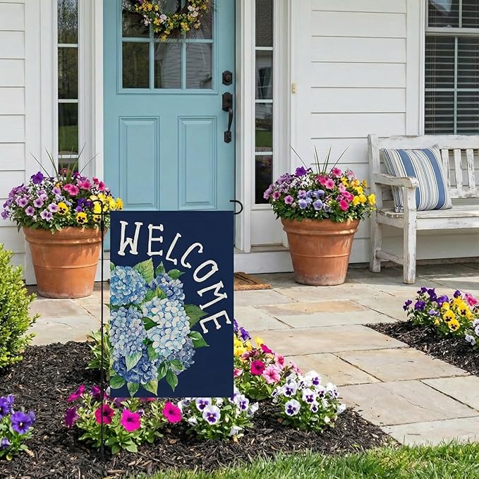CROWNED BEAUTY Spring Garden Flag Hydrangea Welcome 12x18 Inch Double Sided Small Floral Seasonal Holiday Decoration for Outdoor Lawn Yard