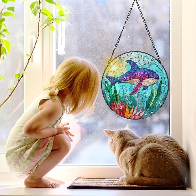 Bimkole Shark Stained Glass Suncatcher Window Hanging - Ocean Indoor Window or Doorway Decoration - Handmade Sun Catcher Decor for Garden Home Christmas & Birthday Gifts 7.87x7.87 Inch
