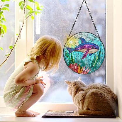 Bimkole Shark Stained Glass Suncatcher Window Hanging - Ocean Indoor Window or Doorway Decoration - Handmade Sun Catcher Decor for Garden Home Christmas & Birthday Gifts 7.87x7.87 Inch