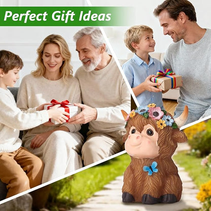 Solar Garden Decor Highland Cow with Flowers Statues Outdoor, Outdoor Figurine Statue Lights, Outdoor Garden Yard Lawn Patio Decoration, Unique House warming Birthday Present for Women Family