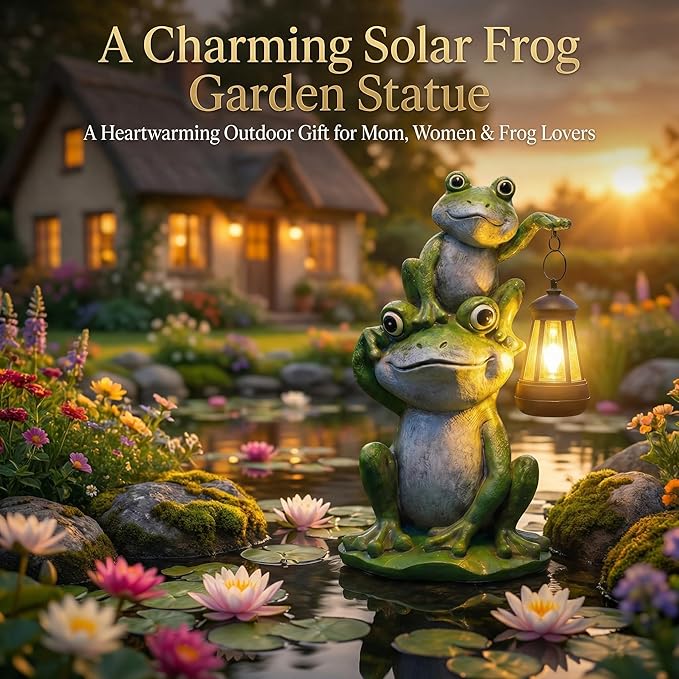 Lyeasw Solar Frog Garden Statues with Lights, Waterproof Outdoor Frog Decor for Patio Porch Yard, Mother’s Day Gardening Gift for Mom, Women & Frog Lovers