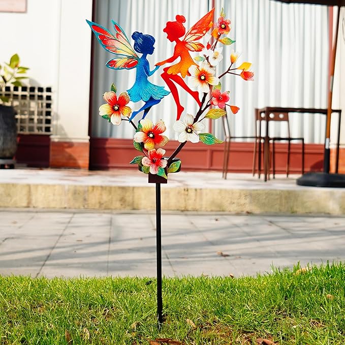 Solar Fairy Garden Stakes - Metal Whimsical Yard Art Decor, Warm LED Lights Waterproof Outdoor Decorative Stakes for Path Patio, Perfect Fairy Gift for Women/Mom(Twin Fairies)