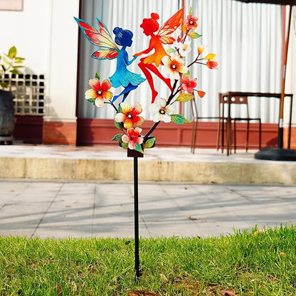 Solar Fairy Garden Stakes - Metal Whimsical Yard Art Decor, Warm LED Lights Waterproof Outdoor Decorative Stakes for Path Patio, Perfect Fairy Gift for Women/Mom(Twin Fairies)