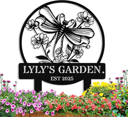 Personalized Metal Dragonfly Garden Signs with Stake, Custom Garden Signs for Outside Waterproof, Customized Name Sign Yard Lawn Gardens Decor Gardening Gifts for Moms Grandmas Gardeners