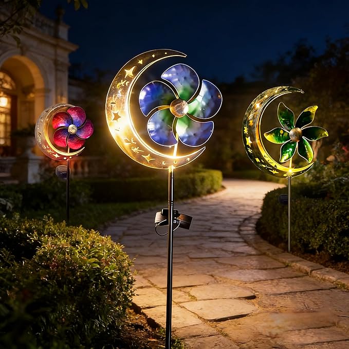 SunKite Spinner Windmill Moon Outdoor Lights Waterproof,Solar Moon Garden Light Outdoor Decorative Stakes Lights Yard Garden Patio Lawn Pathway Decoration Gifts Grandma Mom
