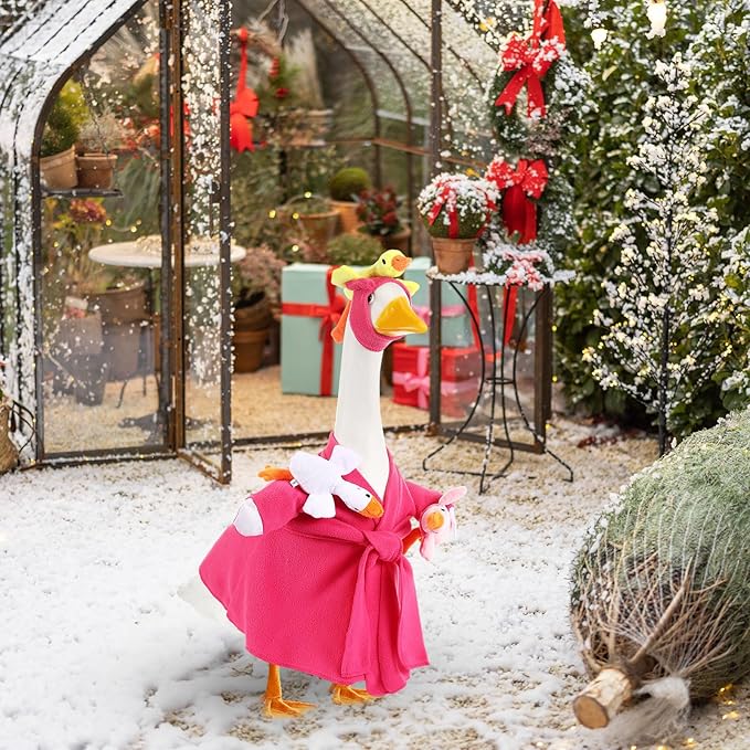 Shyyween Mommy and Baby Porch Goose Outfit for 23'' Cement Statue Silly Geese Clothes Hot Pink Bathrobe with Baby Geese for Outdoor Garden Yard Lawn Patio Duck Decoration