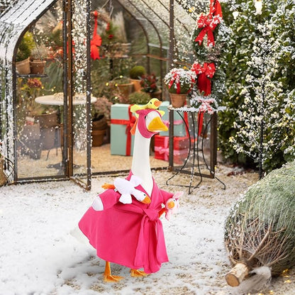 Shyyween Mommy and Baby Porch Goose Outfit for 23'' Cement Statue Silly Geese Clothes Hot Pink Bathrobe with Baby Geese for Outdoor Garden Yard Lawn Patio Duck Decoration