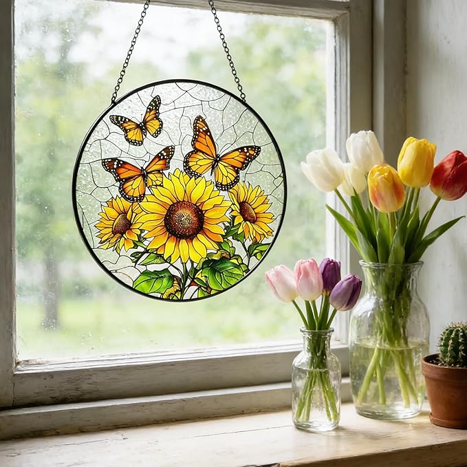 Sunflower Hanging Stained Glass for Windows, Sunflower Sun Catchers Indoor Window Glass Round Wall Decor Mother's Day, Valentine's Day Ornaments Festival Gift 7.87"