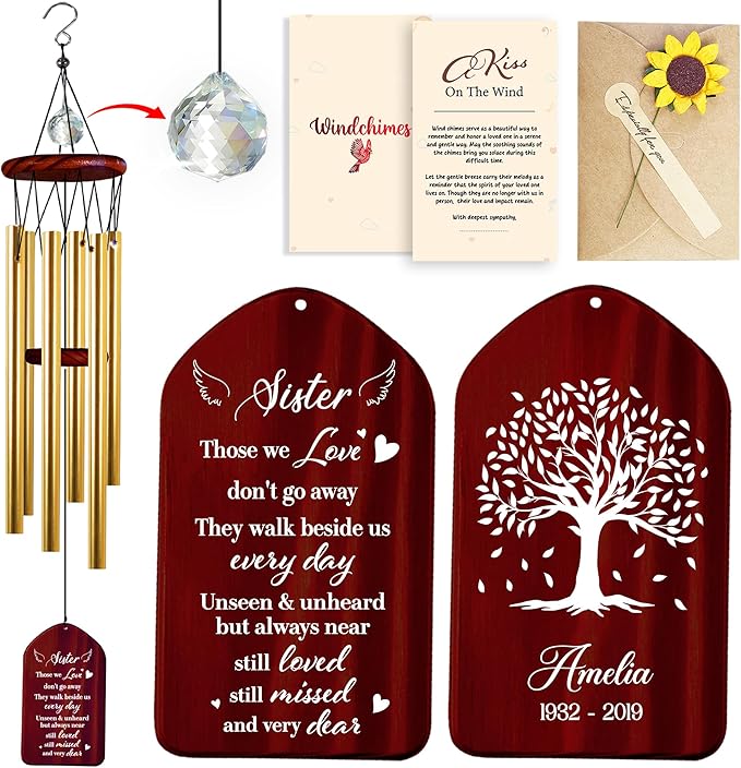 Personalized Sister Cardinal Memorial Crystal Wind Chimes Remembrance Sympathy Ornament Keepsake in Memory of Sibling Elder Sister Female Cousin Custom Name Bereavement Condolence Gift Outdoor Hanging