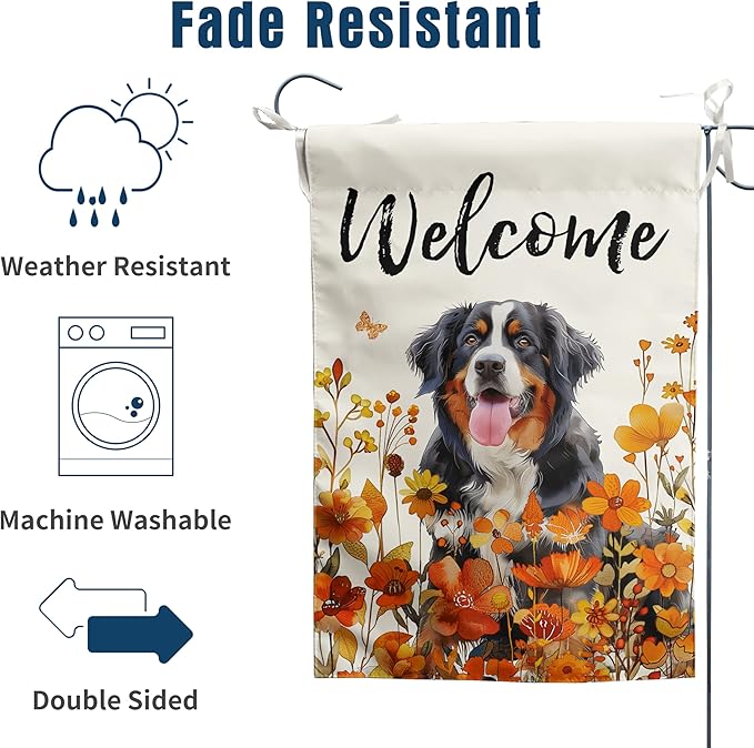 Bernese Mountain Fall Garden Flag Autumn Dog Yard Sign Orange Floral Thanksgiving Outdoor Banners for Outside 12x18 Double Sided Small Wild Flower Lawn Decorations