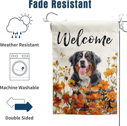 Bernese Mountain Fall Garden Flag Autumn Dog Yard Sign Orange Floral Thanksgiving Outdoor Banners for Outside 12x18 Double Sided Small Wild Flower Lawn Decorations