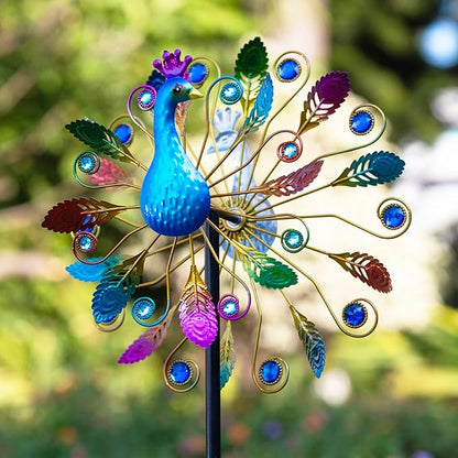 65 Inch Colorful Peacock Wind Spinner Outdoor, Two-Sided Windmill for Yard with Vibrant Front & Solid Blue Back, Large Metal Garden Wind Spinners and Statement Outdoor Garden Decor